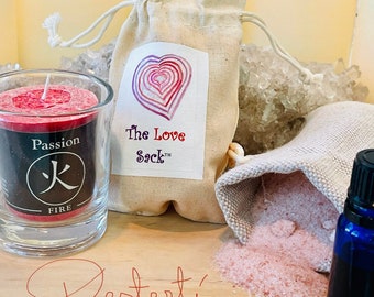 The Love Sack™-Personal Care Kit for Love-Aphrodisiac, Self Love, Aromatherapy and Rose Quartz Gift Set with Candle and Massage Oil