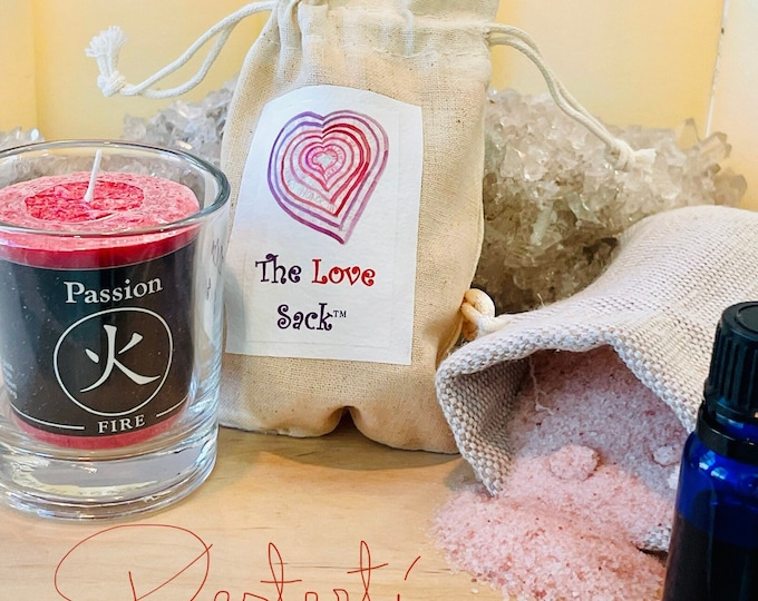 The Love Sack™-Personal Care Kit for Love-Aphrodisiac, Self Love, Aromatherapy and Rose Quartz Gift Set with Candle and Massage Oil