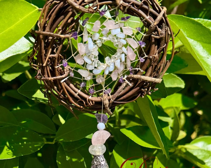 Grapevine Dreamcatcher: Amethyst, Rose Quartz, Blue Lace Agate and Clear Quartz, Gentle Soul, 4"