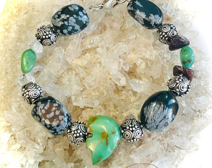 Eagle Warrior Power Bracelet with Zuni Bear, Turquoise, Snowflake Obsidian, Garnet, Quartz and Sterling Silver