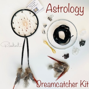 May include: Astrology Dreamcatcher Kit with black leather cord, feathers, beads, and a hoop. The kit includes instructions for making a dreamcatcher.