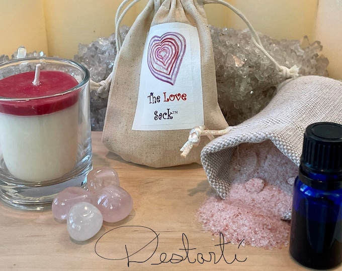 The Love Sack™-Personal Care Kit for Love-Aphrodisiac, Self Love, Aromatherapy and Rose Quartz Gift Set with Candle and Massage Oil