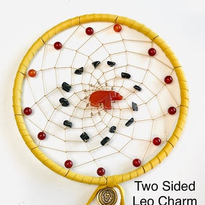 Leo Astrology Dreamcatcher (5 Inch): Gold Deerskin, Gemstones, Gold Beads, Zuni Bear, Optional Gold Leo Charm - Astrology Gift