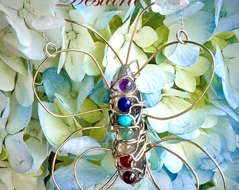 14K Gold Butterfly Chakra Necklace - Wire Wrapped on Quartz Crystal with Genuine Rainbow of Gemstones