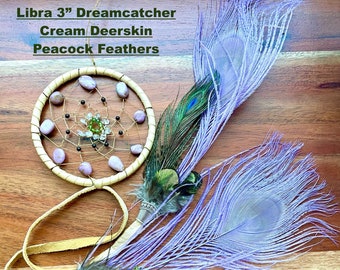 Libra 4" Astrology Dreamcatcher with Deerskin, Lepidolite, Green & Black Tourmaline, Clear Quartz with Optional Libra Charm and Vegan Option
