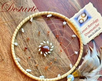 Cancer 6 inch Astrology Dreamcatcher with Deerskin, Carnelian, Fresh Water Pearls, Rainbow Moonstone, Zuni Bear with Optional Cancer Charm