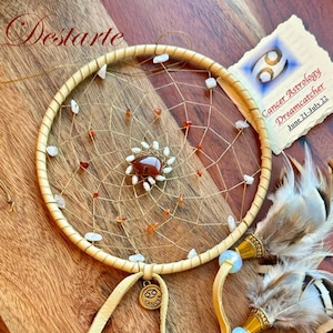 Cancer Astrology Dreamcatcher (6 inch): Deerskin, Gemstones, Zuni Bear, Optional Cancer Charm, Vegan Options - Astrology Gift