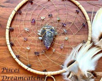 Pisces Dreamcatcher (6 inch): Deerskin, Amethyst, Fluorite, Aquamarine, Zuni Bear, Zodiac Charm