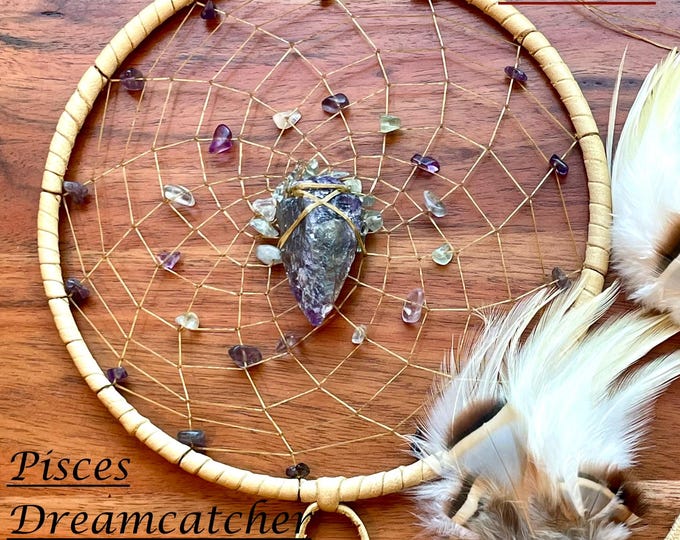 Pisces Dreamcatcher (6 inch): Deerskin, Amethyst, Fluorite, Aquamarine, Zuni Bear, Zodiac Charm