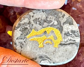 Zuni Bear Heartline Totem Stone: Engraved Gemstone Worry Stone, Embossed Power Animal Pocket Altar