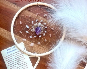 Gentle Soul Calming 6" Dreamcatcher, White Deerskin Lace - Amethyst, Blue Lace Agate, Rose Quartz, Quartz, Zuni Bear, Arrowhead, or Crystal