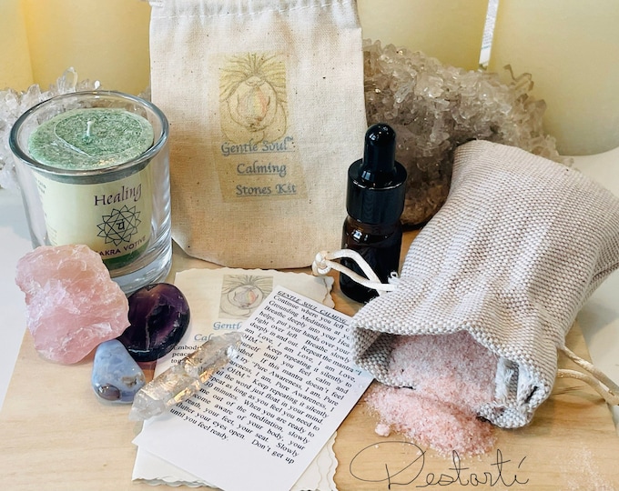 Calming, Healing, Soothing, Comfort Stones Kit-Crystal Comfort Gentle Soul™- with Aromatherapy-Candle, Bath Salts, and  Essential Oils
