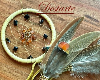 Leo Astrology Dreamcatcher, 3 Inch, with Deerskin, Black Onyx, Carnelian, Gold Beads and optional Gold Leo Charm, Vegan Options Available