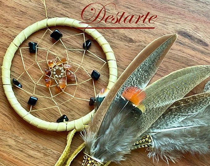 Leo Astrology Dreamcatcher, 3 Inch, with Deerskin, Black Onyx, Carnelian, Gold Beads and optional Gold Leo Charm, Vegan Options Available