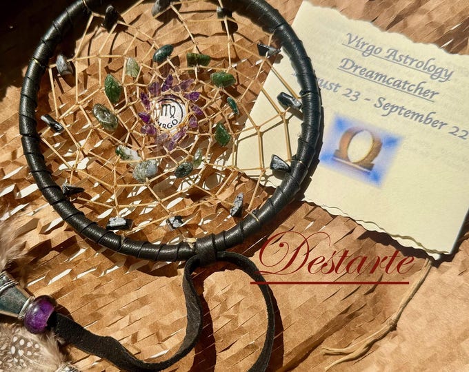 Virgo Dreamcatcher: Black Deerskin, Amethyst, Moss Agate, Snowflake Obsidian