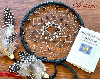 Aquarius 6 inch Astrology Dreamcatcher with Hematite, Garnet, Quartz and natural Feathers with Optional Aquarius Charm and Vegan Ribbons