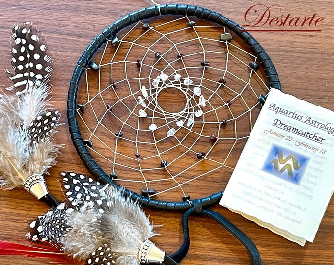 Aquarius 5 inch Astrology Dreamcatcher with Hematite, Garnet, Quartz and natural Feathers with Optional Aquarius Charm and Vegan Ribbons