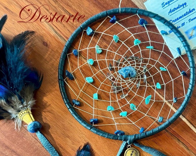 Sagittarius 6 inch Astrology Dreamcatcher with Black Deerskin, Lapis Lazuli, Turquoise, Smoky Quartz and Zuni Bear with Vegan Options