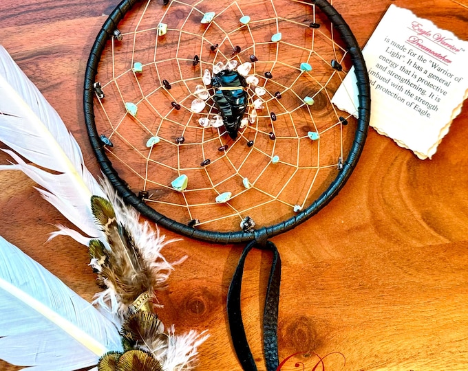 Eagle Warrior Dreamcatcher (6 inch): Black Deerskin, Turquoise, Garnet, Snowflake Obsidian, Quartz, Feathers