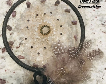 Libra 6 inch Astrology Dreamcatcher with Lepidolite, Green and Black Tourmaline, Clear Quartz with optional Libra Charm and Vegan Options
