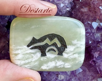 Zuni Bear Heartline Totem Stone: Engraved Gemstone Worry Stone, Embossed Power Animal Pocket Altar, Wire Wrap Bear