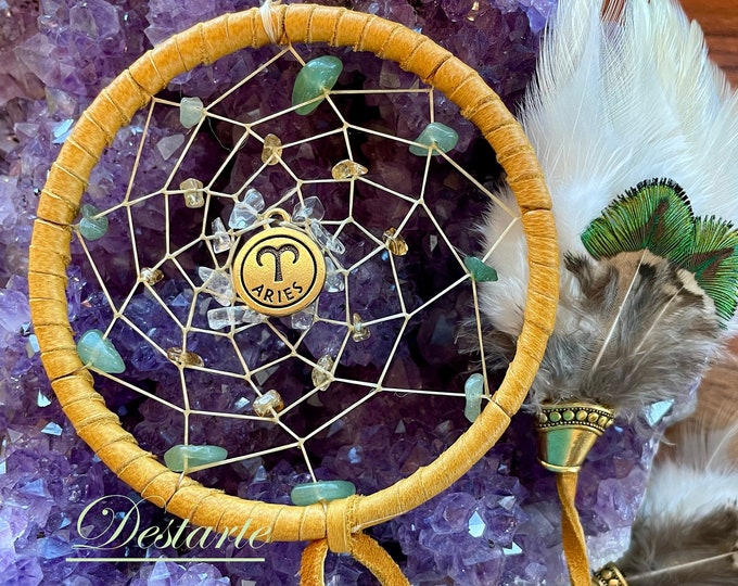 Aries 3" Astrology Dreamcatcher with Deerskin, Aventurine, Citrine, and Clear Quartz with Optional Aries Charm and Vegan Options