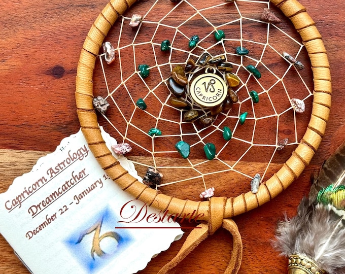 Capricorn Dreamcatcher (4 inch): Saddle Deerskin, Earth Gemstones, Feathers, Vegan Options, Astrology Charm