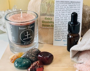 Grounding/Earthing Stones Kit-Crystal Comfort Gaia’s Delight™ -with 5 Stones, and Earth Candle, Bath Salts, and Organic Essential Oil Blend