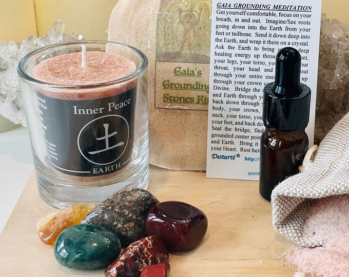 Grounding/Earthing Stones Kit-Crystal Comfort Gaia’s Delight™ -with 5 Stones, and Earth Candle, Bath Salts, and Organic Essential Oil Blend