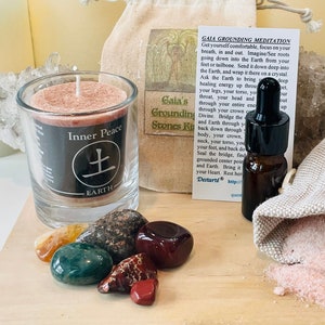 Grounding Stones Kit: Earth Candle, Bath Salts, Organic Essential Oil Blend, Gaia’s Delight Meditation