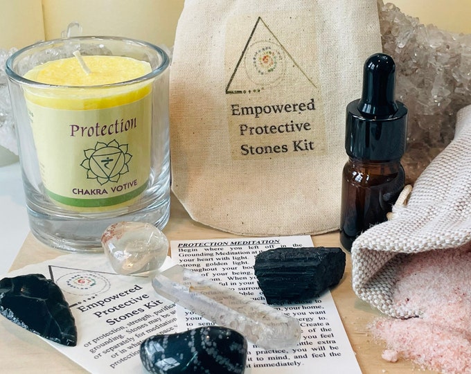 Protection, Clearing and Warding Stones-Crystal Comfort Empowered™ - with Aromatherapy-5 Stones, Candle, Essential Oils Blend & Bath Salts
