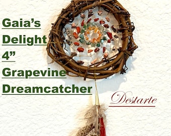 Gaia's Delight Grounding 4" Dreamcatcher, Grapevine Dreamcatcher with Leopard Jasper, Carnelian, Moss Agate, and Red Jasper and Zuni Bears