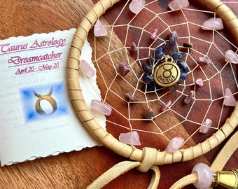 Taurus Dreamcatcher (4inch): Deerskin, Gemstones, Feathers - Astrology Gift