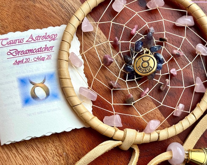 Taurus Dreamcatcher (4inch): Deerskin, Gemstones, Feathers - Astrology Gift