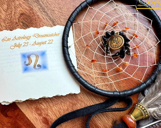 Leo Astrology Dreamcatcher: Black Onyx, Carnelian, Gold Beads, Pheasant Feathers (4 inch), Vegan Options