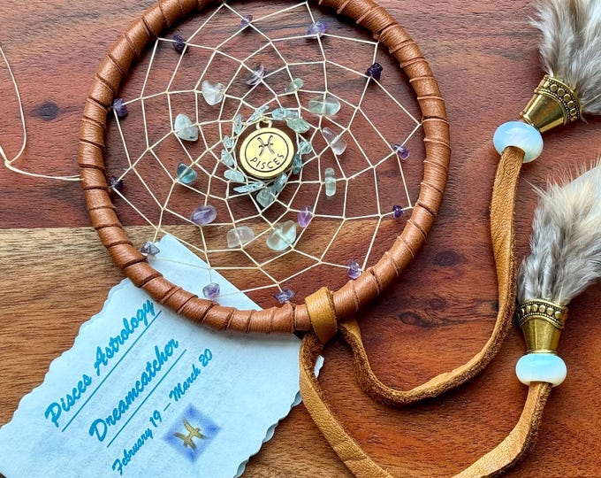 Pisces 4" Astrology Dreamcatcher: Deerskin, Aquamarine, Amethyst and Fluorite with Vegan Options