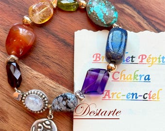 Rainbow Nugget Chakra Bracelet with Sterling Silver and Gold with Semi Precious Stones with optional Sterling Silver Ohm Charm