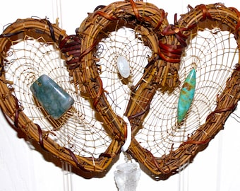 Twin Hearts Entwined Custom Dreamcatcher with Relationship Weave, Crystals and Totems with Vegan Options