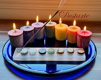 Chakra Clearing Kit-7 Carved Chakra Stones, Carved Selenite Charging Plate/Incense Burner, 7 Chakra Candles with Selenite and Blk Tourmaline