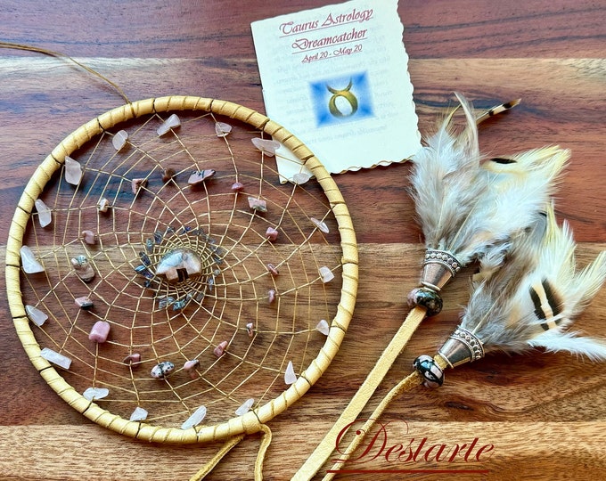 Taurus 5 inch Astrology Dreamcatcher-Rhodonite, Rose Quartz, and Iolite with Zuni Bear with Optional Taurus Charm and Vegan Ribbons