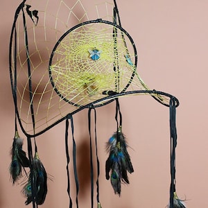 Custom Large Multi-dimentional Dreamcatcher with Crystals and Power Animal, Made to order extra large Dreamcatcher, Totally Customized black deerskin