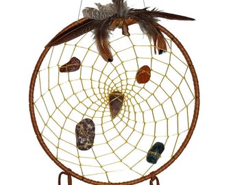 Gaia's Delight 9 inch Dreamcatcher, Brown Deerskin Dreamcatcher with Moss Agate, Carnelian, Poppy Jasper and Zuni Bears