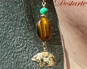 Capricorn Astrology Earrings, with Gold, Leopard Jasper, Tigers Eye, and Malachite-Zuni Bear Earrings-Earth Earrings-Astrology Earrings