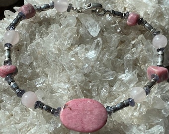 Taurus Astrology Bracelet-Sterling with Rose Quartz, Rhodonite and Iolite