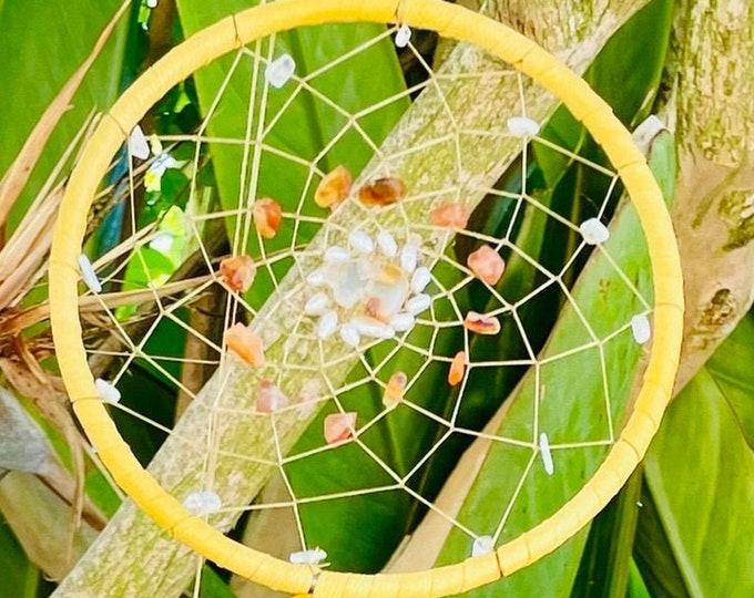 Cancer 5 inch Astrology Dreamcatcher with Deerskin, Carnelian, Fresh Water Pearls, Rainbow Moonstone, Zuni Bear with Optional Cancer Charm