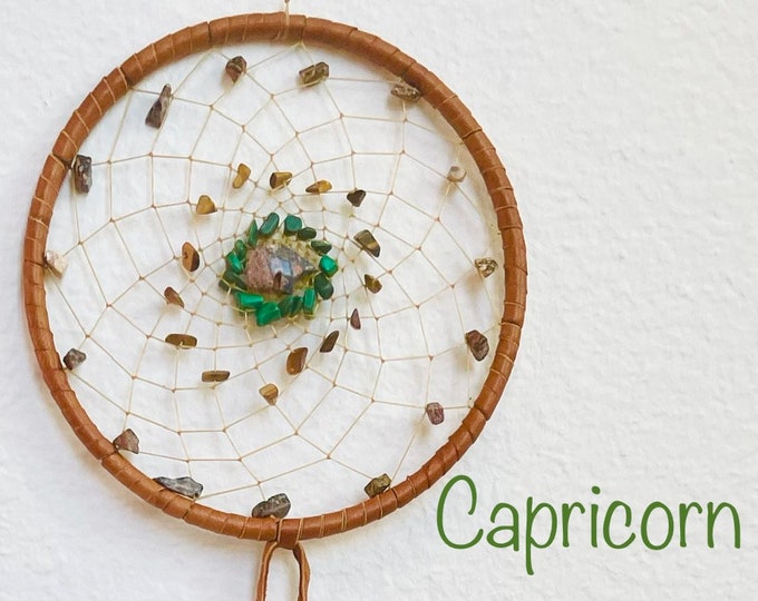 Capricorn  5 inch Astrology Dreamcatcher with Leopard Jasper, Tigers Eye, Malachite, Zuni Bear with optional Capricorn charm and Vegan Laces