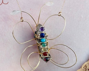 14K Gold Butterfly Chakra Necklace - Wire Wrapped on Double Terminated Quartz Crystal with Genuine Rainbow of Gemstones