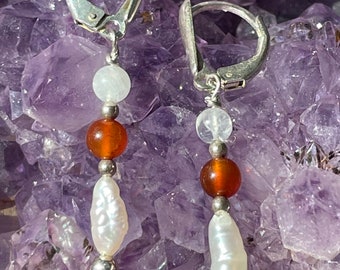 Cancer Astrology Earrings with Sterling, Carnelian, Rainbow Moostone, and Fresh Water Pearls