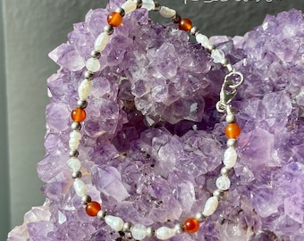 Cancer Astrology Bracelet with Sterling, Carnelian, Rainbow Moonstone, and Fresh Water Pearls