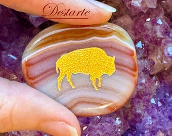 Buffalo/Bison/Tatonka Totem Stone: Engraved Gemstone Worry Stone, Embossed Power Animal Pocket Altar